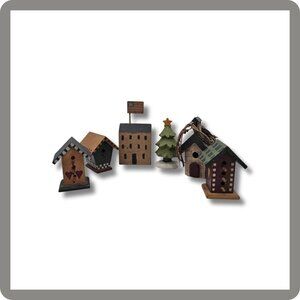 Wood Birdhouses and Christmas Tree - Set of 6 pieces